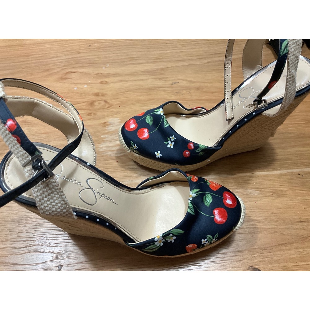 Jessica Simpson Cherry Strawberry Fruit Print Espadrille Wedge Sandals Black 8.5
